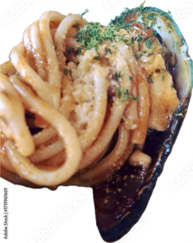 Spaghetti with red tomato sauce and Mussel, pasta isolated 