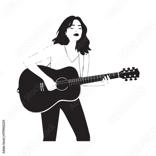 Black and white line art of a cool woman playing guitar in casual outfit minimalist stylish illustration