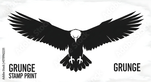  Black eagle silhouette with spread wings — grunge stamp print emblem on textured background