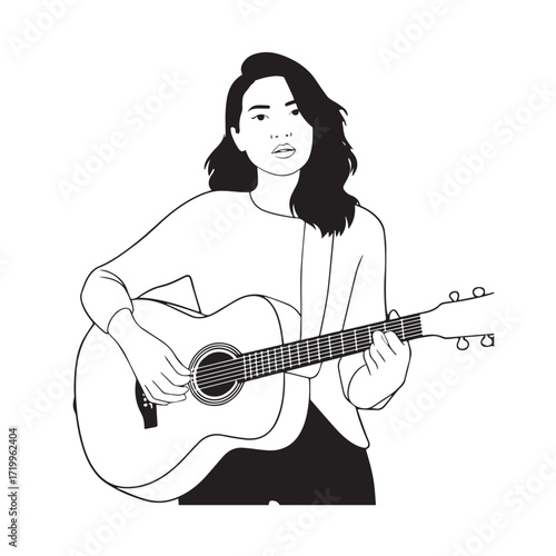 Black and white line art of a cool woman playing guitar in casual outfit minimalist stylish illustration