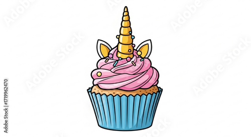 A whimsical unicorn cupcake with a golden horn and pink frosting, , perfect for magical celebrations and sweet treats