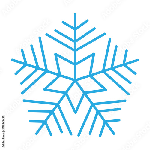 Blue snowflake line art on white background. Minimalist winter icon with detailed geometric pattern for holiday and seasonal designs