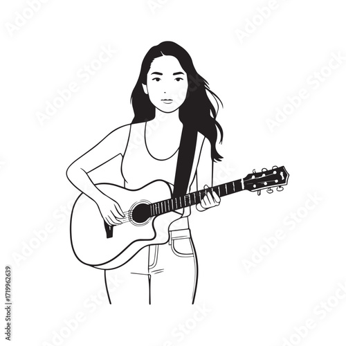 Black and white line art of a cool woman playing guitar in casual outfit minimalist stylish illustration
