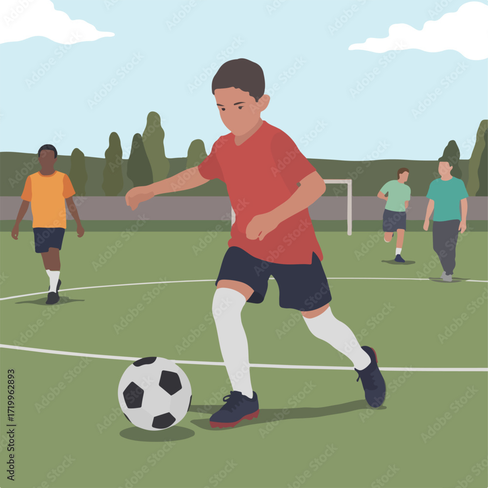 Obraz premium Boy playing soccer on the field with other children in the background