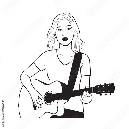 
Black and white line art of a cool woman playing guitar in casual outfit minimalist stylish illustration