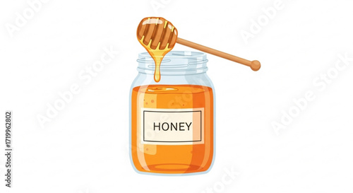 A jar of honey, with a wooden dipper dripping golden liquid, a sweet and natural treat for any occasion