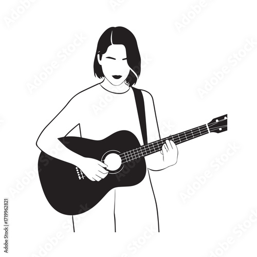 
Black and white line art of a cool woman playing guitar in casual outfit minimalist stylish illustration