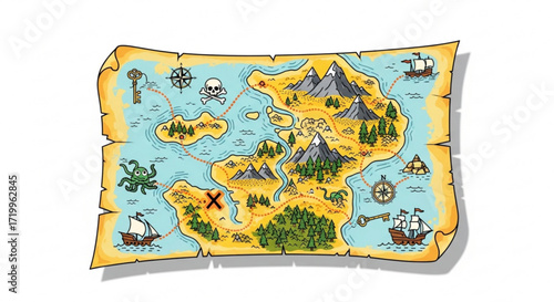 A handdrawn pirate map, leading to buried treasure marked with an x, amidst islands, ships, and sea monsters