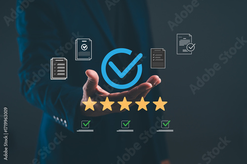 A professional hand displays a checkmark symbol, surrounded by documents and stars, conveying themes of quality assurance and evaluation.