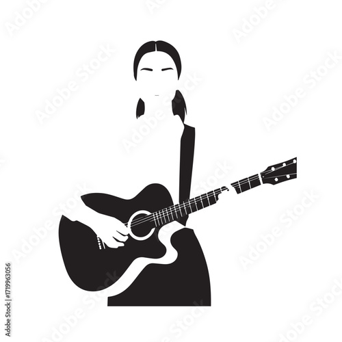 
Black and white line art of a cool woman playing guitar in casual outfit minimalist stylish illustration