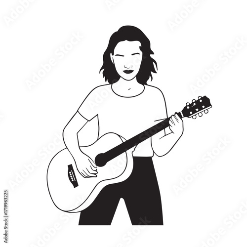
Black and white line art of a cool woman playing guitar in casual outfit minimalist stylish illustration