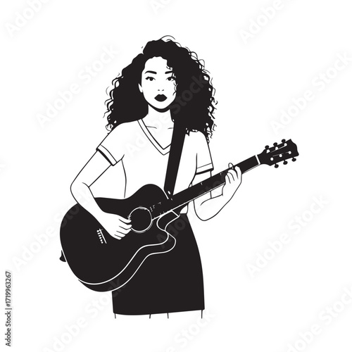 
Black and white line art of a cool woman playing guitar in casual outfit minimalist stylish illustration