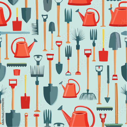 High quality vector seamless pattern of farm tools including shovels, rakes, hoes, watering