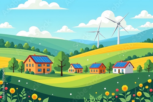 Modern Ecofriendly Community with Solar and Wind Energy