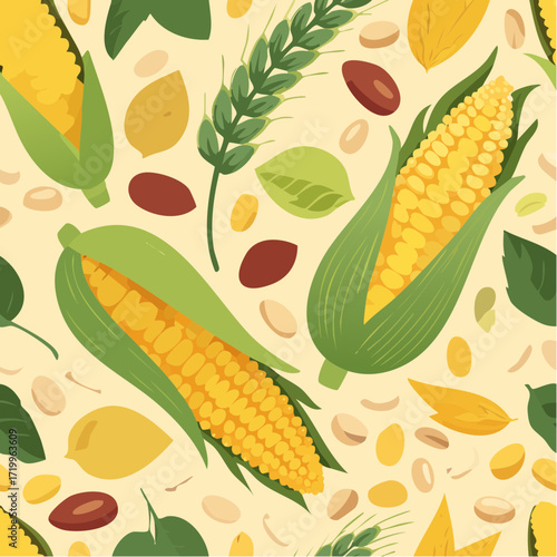Vector seamless pattern of plant-based feed ingredients- corn kernels, soybean pods, wheat