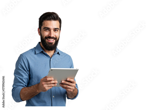 Smiling man in blue shirt holding a tablet computer and looking at the camera isolated on transparent background