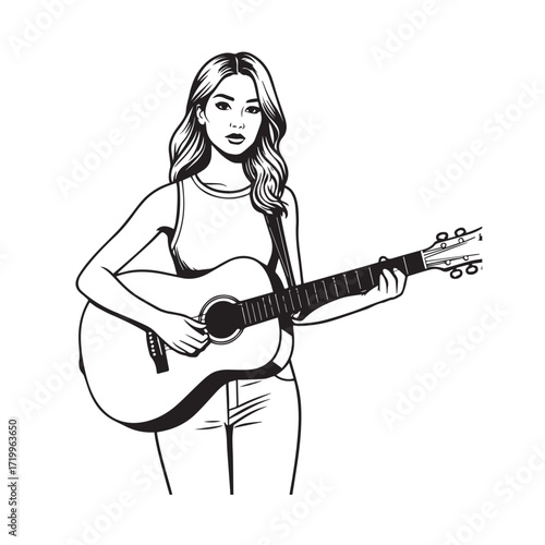 
Black and white line art of a cool woman playing guitar in casual outfit minimalist stylish illustration