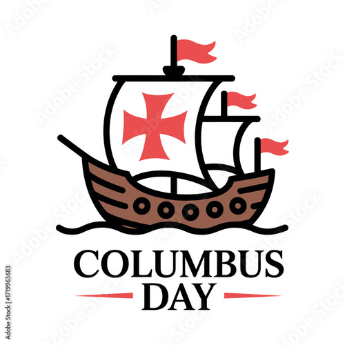 Columbus Day ship with red flags and cross sailing