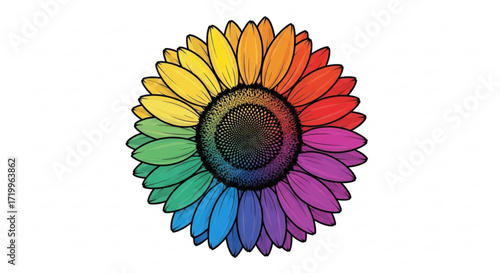 A vibrant sunflower with rainbow petals, a symbol of joy, positivity, and diversity, radiating warmth and happiness, a beautiful bloom
