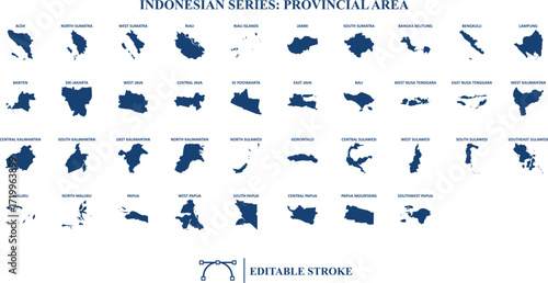 Set of icons of the Indonesia series for the province region. There are 38 vector icons of Indonesian provinces with editable strokes. 