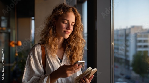 Woman using cell phone outdoors during daytime.