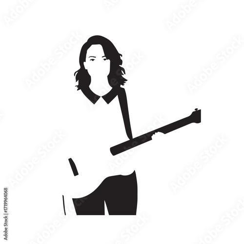 
Black and white line art of a cool woman playing guitar in casual outfit minimalist stylish illustration