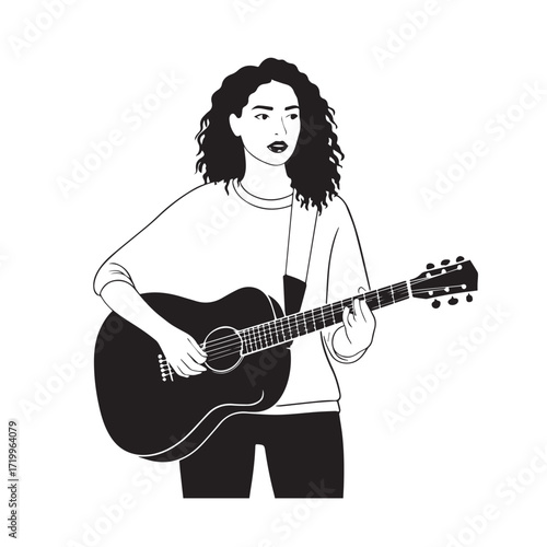 
Black and white line art of a cool woman playing guitar in casual outfit minimalist stylish illustration