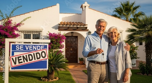 A happy german senior couple smiles proudly holding the keys to their new Spanish villa with a 