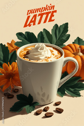 pumpkin spice latte with autumn decorations 
