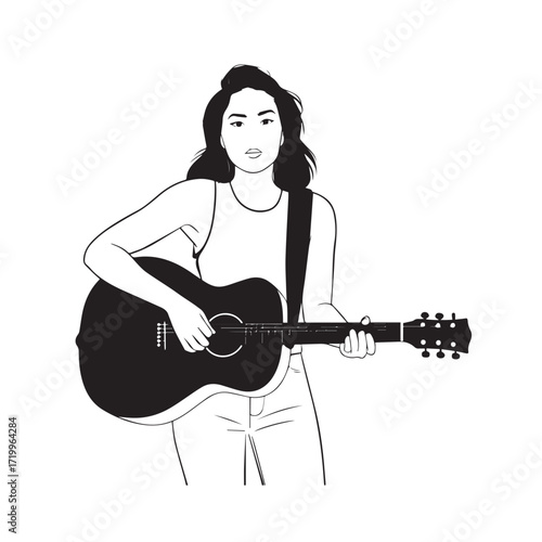 
Black and white line art of a cool woman playing guitar in casual outfit minimalist stylish illustration