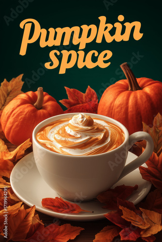 Pumpkin Spice Latte with Autumn Leaves and Pumpkins 