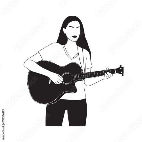 
Black and white line art of a cool woman playing guitar in casual outfit minimalist stylish illustration