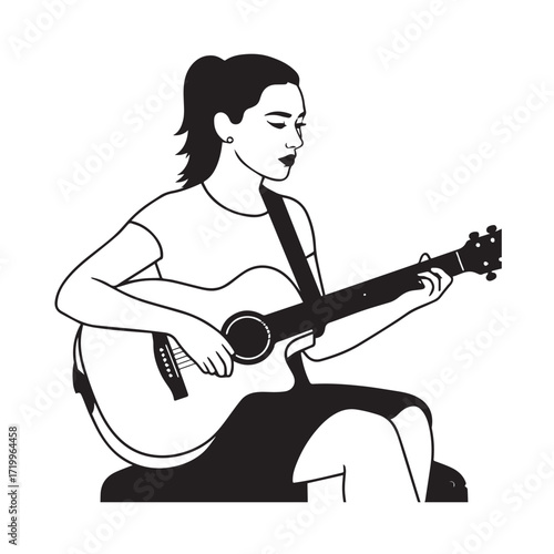 
Black and white line art of a cool woman playing guitar in casual outfit minimalist stylish illustration