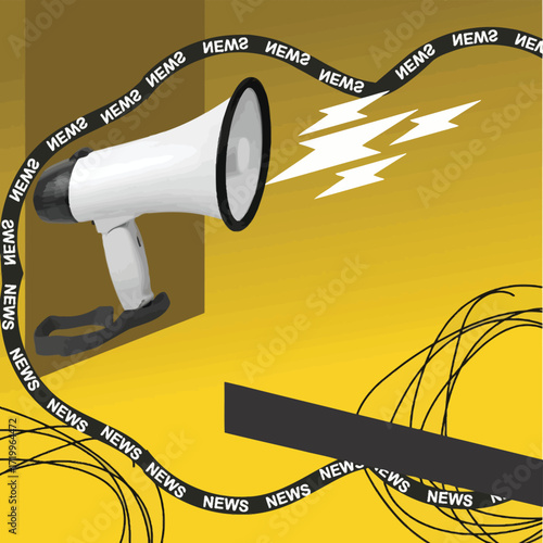 Megaphone with sound waves on yellow background symbolizing news broadcast, media communication, propaganda, spreading information, awareness, and mass influence concept