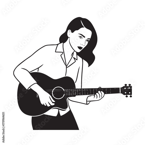 
Black and white line art of a cool woman playing guitar in casual outfit minimalist stylish illustration