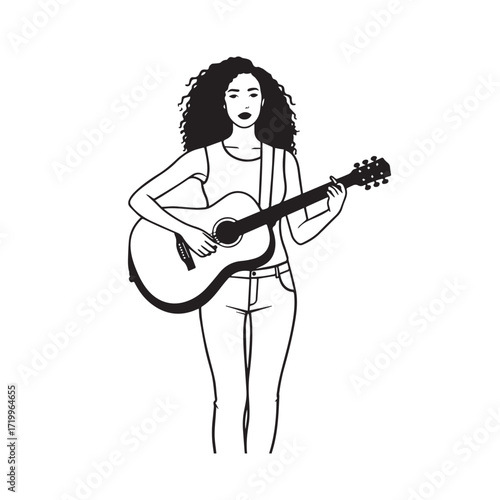 
Black and white line art of a cool woman playing guitar in casual outfit minimalist stylish illustration