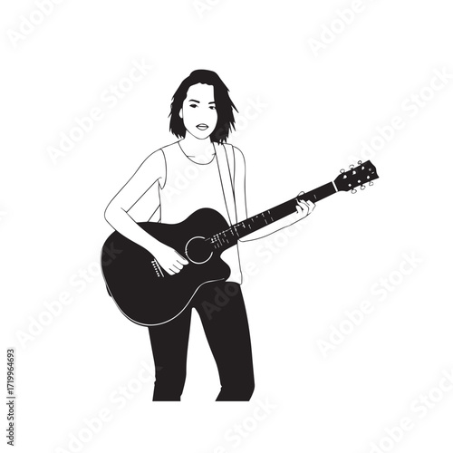 
Black and white line art of a cool woman playing guitar in casual outfit minimalist stylish illustration