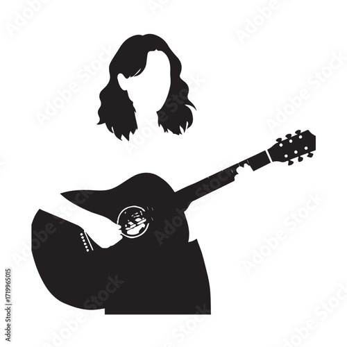 
Black and white line art of a cool woman playing guitar in casual outfit minimalist stylish illustration