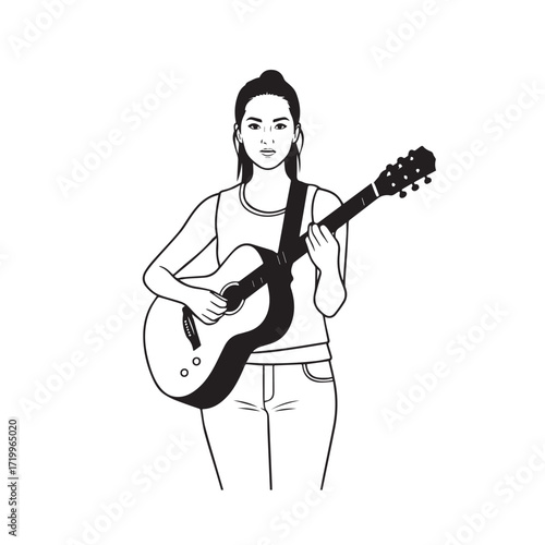 
Black and white line art of a cool woman playing guitar in casual outfit minimalist stylish illustration