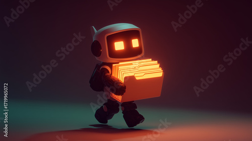 robot carrying glowing folders in dark setting 