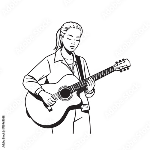 
Black and white line art of a cool woman playing guitar in casual outfit minimalist stylish illustration