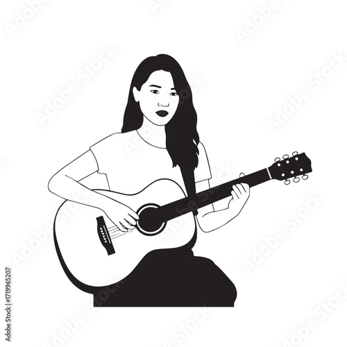 
Black and white line art of a cool woman playing guitar in casual outfit minimalist stylish illustration