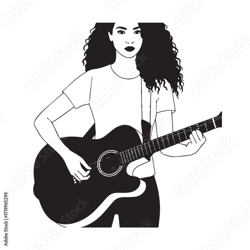 
Black and white line art of a cool woman playing guitar in casual outfit minimalist stylish illustration