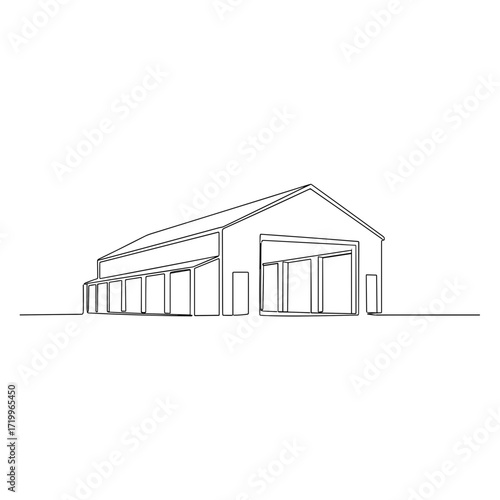 Industrial warehouse exterior in minimalist black line art style