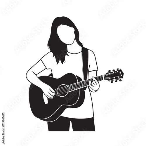 
Black and white line art of a cool woman playing guitar in casual outfit minimalist stylish illustration
