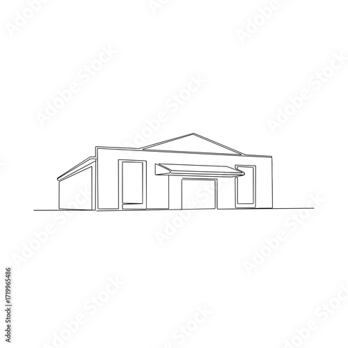 Warehouse building in minimalist black line art on white background