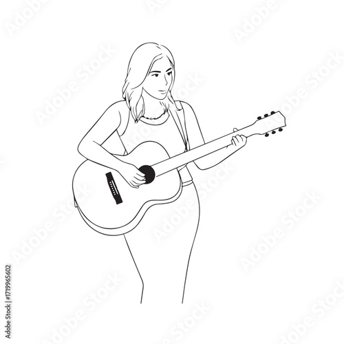 
Black and white line art of a cool woman playing guitar in casual outfit minimalist stylish illustration