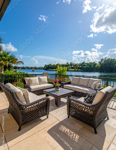 Outdoor patio furniture set with a lake view