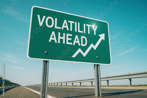 Green Volatility Ahead sign against vast blue sky symbolizes market fluctuation, economic uncertainty, and potential financial risk under transformative conditions