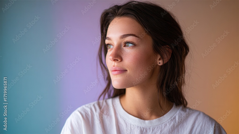 Fototapeta premium A young woman gazes thoughtfully to the side, showcasing her natural beauty against a softly colored background. Ideal for beauty and lifestyle themes.